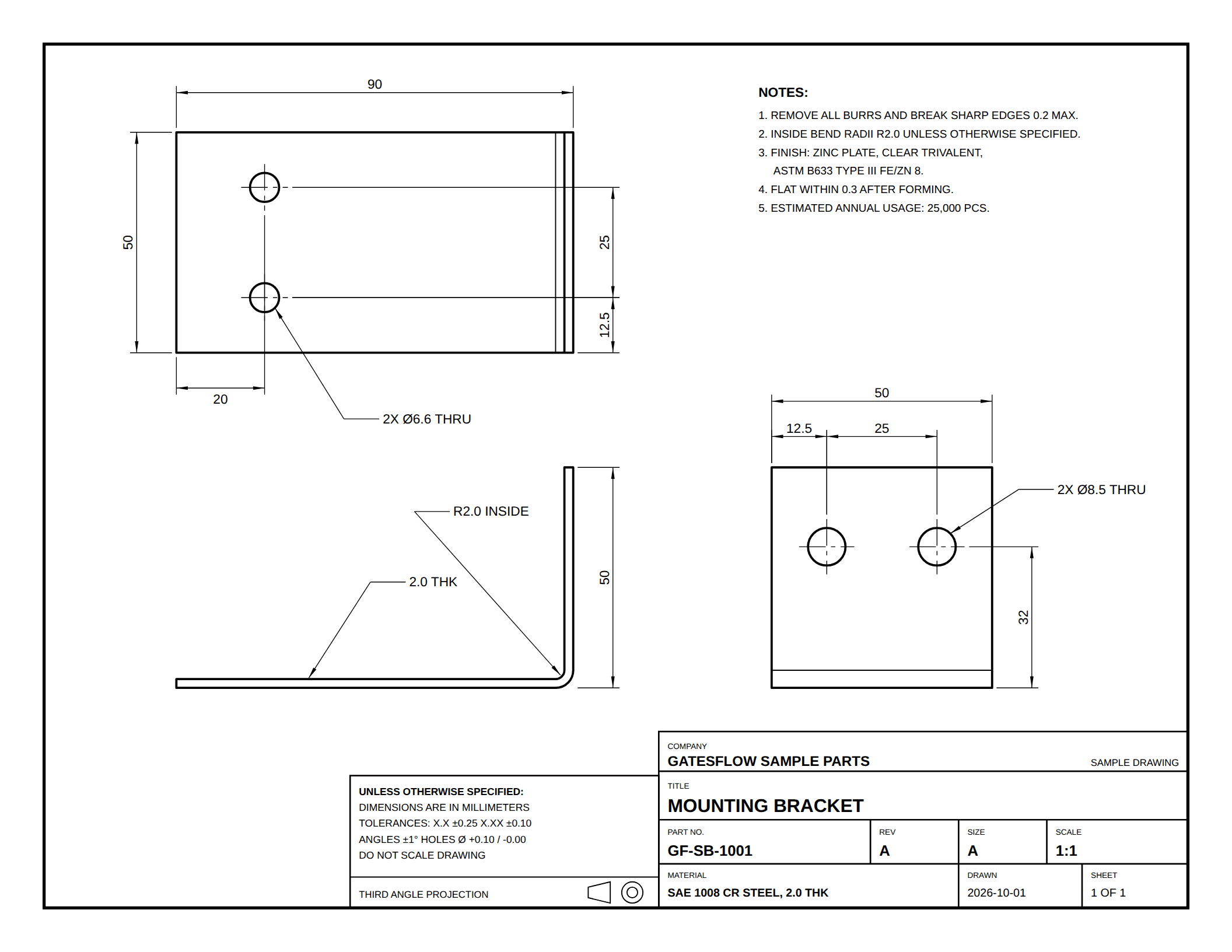 A sheet-metal bracket drawing, the kind AI Quoting turns into a priced quote